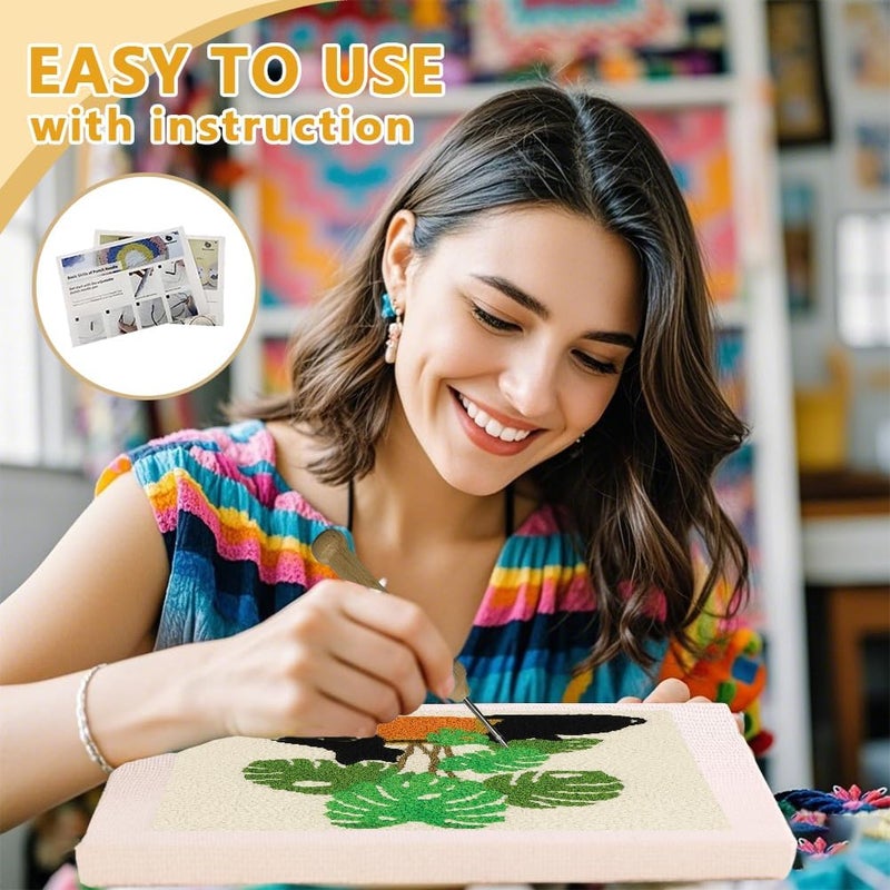DOODLREAM Cat Monstera DIY Punch Needle Embroidery Kit for Adult Beginner, 9.4" Black Cat Potted Plant Punch Stitching Craft Set for Starter with Frame, Fabric Pattern, Threader, Yarn, Pinch Needle - Image 3